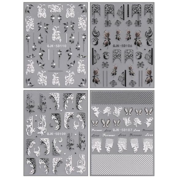 3D Embossed Flower Black White Nail Art Stickers 4 Sheets - Picture 2 of 8